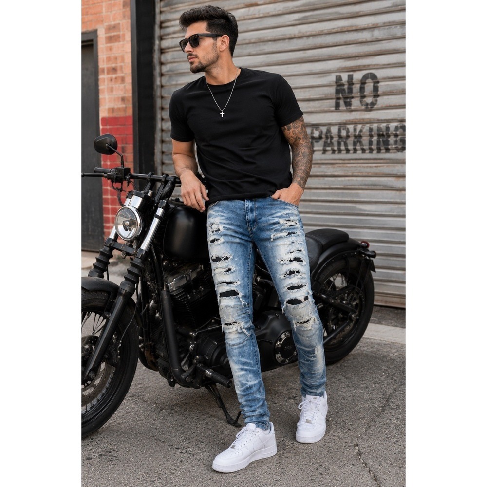 Smoke Rise SR91 Distressed Biker Skinny Jeans Men's 36x32 Blue Stretch Denim